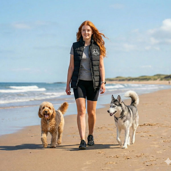 A woman walking 2 dogs along a sandy beach