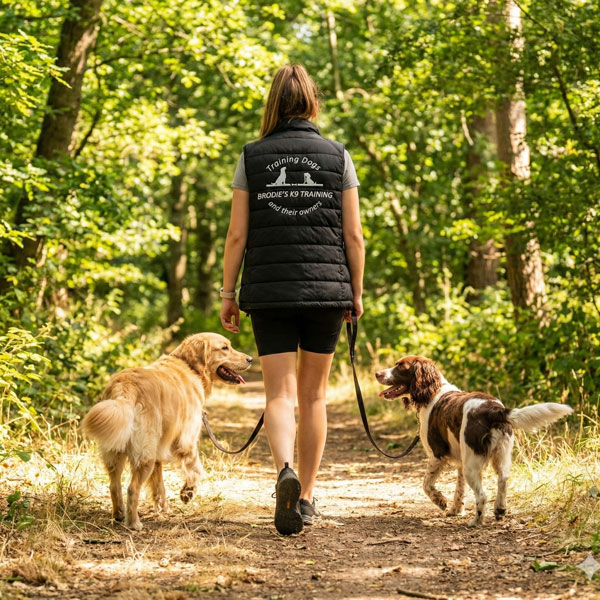 A woman walking 2 dogs in a wooded location